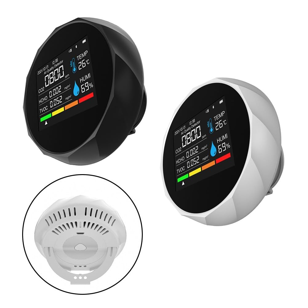 Détecteur de dioxyde de carbone 6 en 1 Moniteur de qualité de l'air avec mesure de la température et de l'humidité TVOC, connectivité smartphone, alertes de couleur et alarme sonore, noir ou