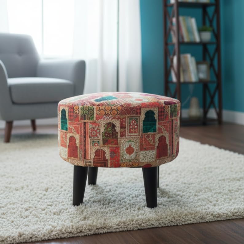Image of Wooden Ottoman Pouffe Stool - Beige Cotton Cushioned Footrest | Solid Wood Walnut Finish Multipurpose Side Stool for Living Room, Bedroom, Kids Room & Dressing Table