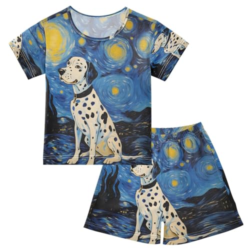 ALAZA Dalmatian Dog Starry Sky Van Gogh Pajamas Set Short Sleeve Cotton Sleepwear Summer Pjs 2 Piece 5-14Y