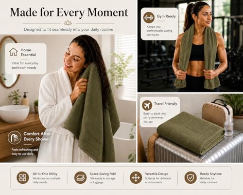 Image of 100% Pure Cotton Bath Towel for Men & Women | 380 GSM Ultra Soft, Highly Absorbent & Quick Dry Bath Towel | Large 55 x 28 Inch Matty Terry Towel for Bathroom, Gym, Travel & Daily Use | Olive Green