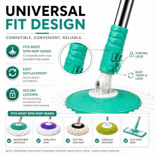 Image of Premium 360 Spin Mop Stick Rod | Adjustable & Extendable Mop Handle | Heavy Duty Rust-Proof Floor Cleaning Rod Compatible with Spin Mop Refill - 1 Refill