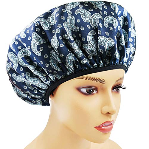Women Large Satin Bonnet with waterproof, Three Layer, Paisley Pattern Shower Sleep Cap for Hair Cover (Three Layer-Without Buckle)
