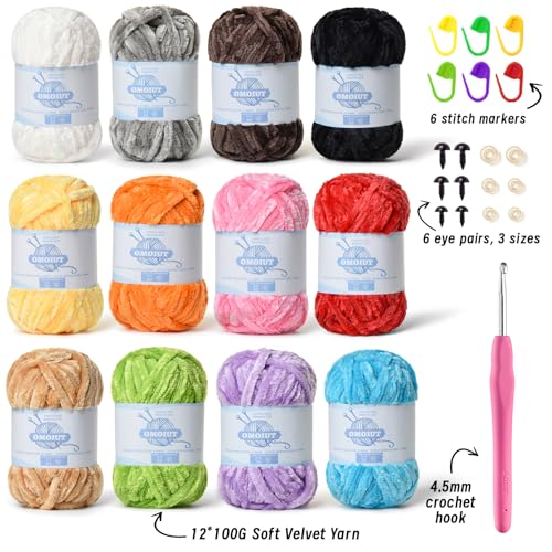 Image of 12 Pack 590 (yd) Chunky Chenille Yarn for Crocheting and Hand Knitting with Black Red White Green Yellow Orange Plush Velvet Yarn，Baby Blanket Yarn for Crocheting Soft Amigurumi Yarn