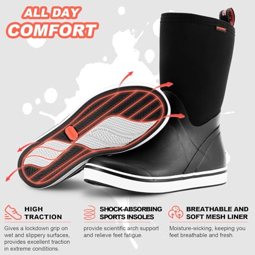 Showave Men's Deck Boots Mid Calf Rubber Boots Waterproof Fishing Sailing Boots Non-Slip Insulated Rain Boots For Outdoor Gardening Mud Yard Working2