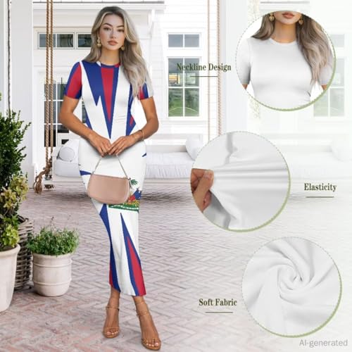 Image of Womens Short Sleeve Jamaican Flag Midi Bodycon Dress | Soft stretchy fabric,crew neck,jamaican print casual date night cocktail party, elegant chic, spring summer fall all season