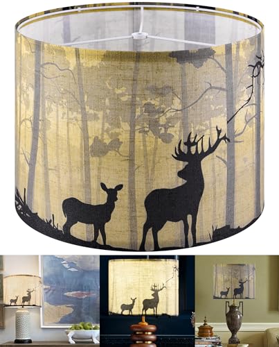 GOSO Yellow Animal Pattern Lamp Shade Medium Drum-Natural Linen Print Sika Deer Lamp Shade for Table Lamps-13