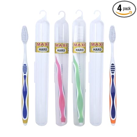 MAXI Candy Hard Bristles Toothbrush with Anti-Bacterial Container, Multicolor, Easy to carry (Pack of 4)