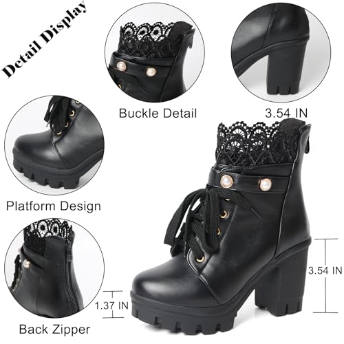 Image of MEOTINA Women Platform Boots Black Chunky Heel Ankle Booties Lace Buckle Combat Boots with Zipper High Heel Goth Shoes
