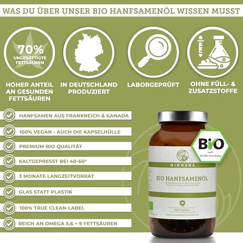 QIDOSHA® Bio Hanfsamenöl Kapseln vegan, 180 Stk, Hanfsamen aus Frankreich und Kanada, 1440 mg je Tagesportion (2 Kapseln), hoher Anteil an Omega 3, 6 und 9 Fettsäuren