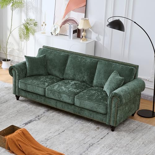 Image of KEIKI 87 inch Oversized Chenille Sofa with Rolled Arms and Nailhead Trim, Upholstered Modern Style 3-Seater Couch with High-Density Foam Cushions, Easy Assembly, for Apartment, Living Room, Green