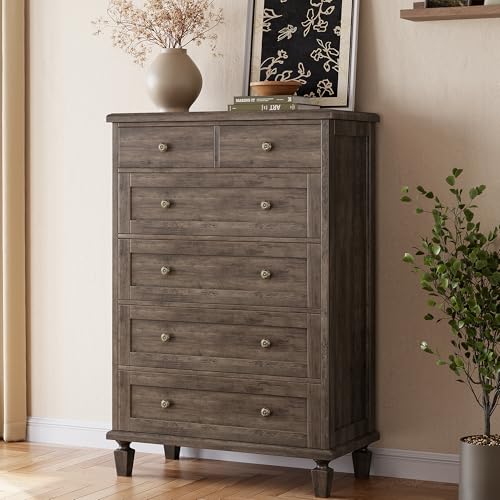 Garvee 47" Tall Dresser for Bedroom, Vintage 6 Drawer Dresser with Carved Handles and Tapered Legs Design, Wood Chests of Drawers with Large Capacity