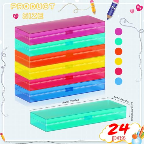 Image of Fainne 24 Pcs Plastic Pencil Case Bulk Pencil Boxes Plastic Stationery Case Frosted Pen Box Pen Holder with Hinged Lid Snap Closure for Office(Single Layer,Assorted Colors,7.09 x 2.36 x 0.98 Inch)