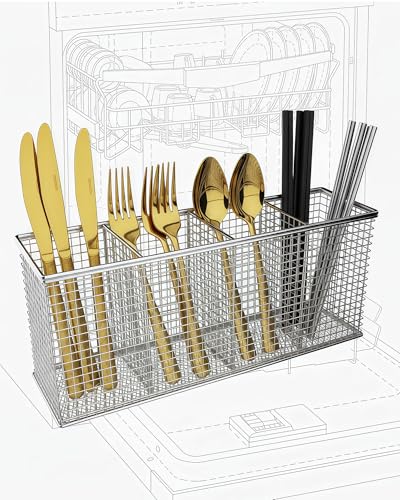 Viscogrip Universal Dishwasher Silverware Basket 304 Stainless Steel 4-Compartment Dishwasher Utensil Basket Spoons Forks Chopsticks Straws Cleaning (Silver)