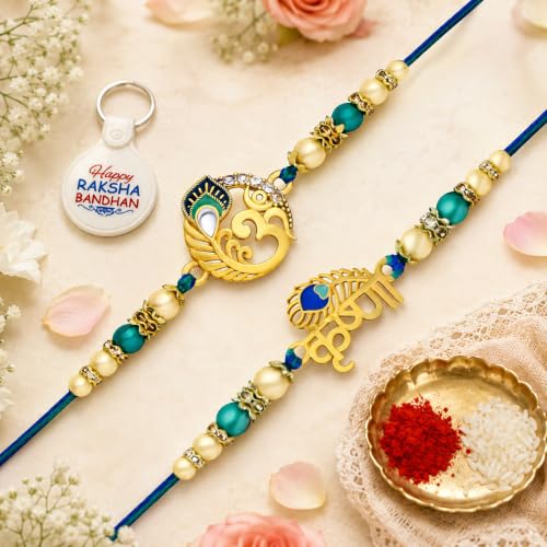 Image of Riddhika Ventures Glorious Gold Plated Auspicious Diamond Ring Rakhi || Traditional Rakhi Set of 2 & Festive Gift || Rakhi Gift Combo for Brother (P5P8K)
