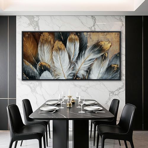 Image of Mofutinpo Framed Wall Art Modern Living Room Bedroom Wall Decoration Large Canvas Painting Artwork for Home Decor Gold Brown Feather Picture Ready to Hang 30x60 Size Black Framed