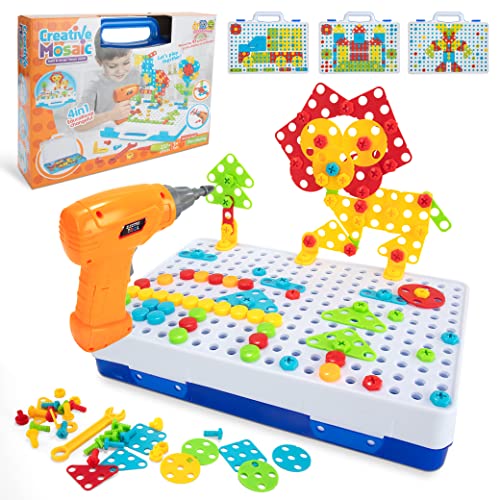 Juguetes Construcción Puzzles 3D Mosaicos para Niño Niña 3+ Años, 237 Piezas Montessori Juegos de Mesa con Taladro Eléctrico, Infantiles Educativos Bloques, Caja de Tornillo Herramientas Regalo