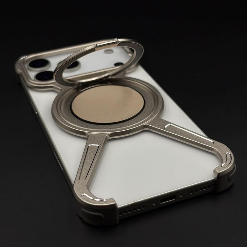 Image of X Shaped Frameless Metal Bumper Compatible with iPhone 17 Pro Max with 360 Rotate Ring Kickstand | Luxury Aluminum Armor Case | Super Slim Metal - Silver