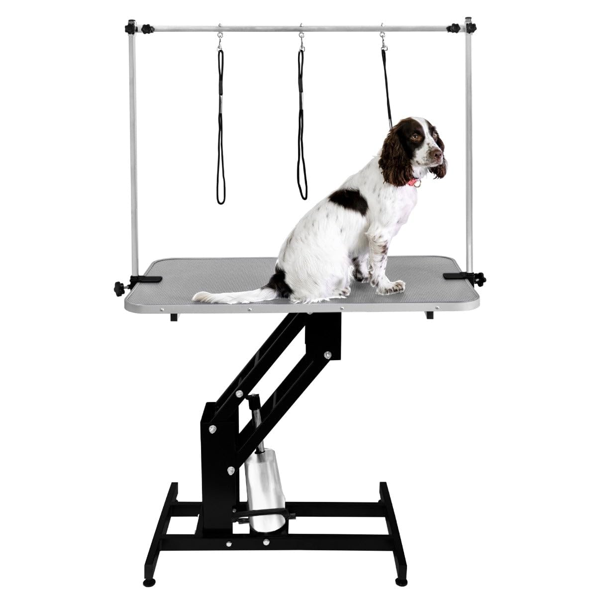 Mesa de Aseo Hidráulica Altura Ajustable Capacidad de 180kg Amplia Superficie de Goma 106cm x 61cm Resistente Estructura de Acero 4 Patas Estables Adaptables 3 Lazos para Sujeción [Negro & Gris]