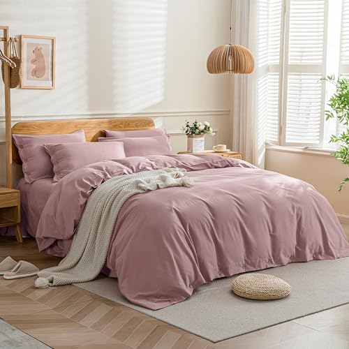 Image of JELLYMONI Cotton Duvet Cover Cal King Size - Pink Comforter Cover with Button 100% Washed Cotton 3PCS Breathable Soft Solid Bedding Set Duvet Cover 104x98in & 2 Pillowcases (NO Comforter)