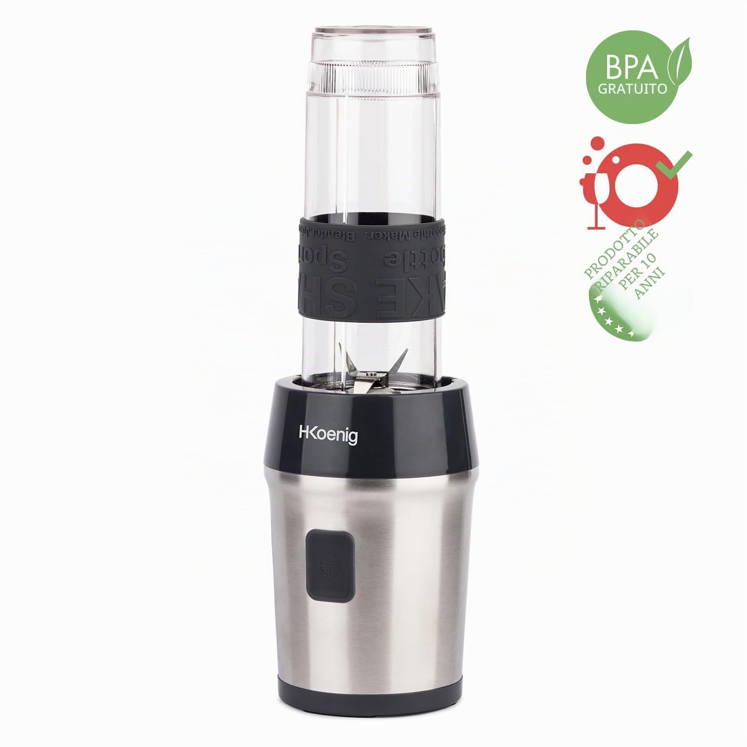 H.Koenig Mini frullatore SMOO9 Smoothie Maker, 570mL, 300W, 4 lame in acciaio inox, senza BPA, 2 bottiglie portatili da viaggio, frullati e frappé, Grigio