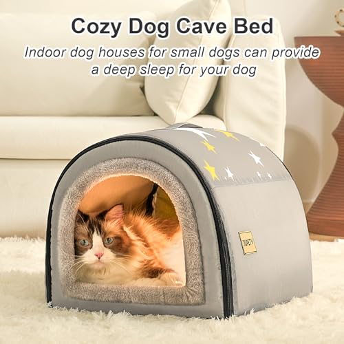 Jiupety Cozy Small Pet Dog House, 2 in 1 Puppy House, S Size for Cat and Puppy, Warm Cave Sleeping Nest for Cats and Dogs, S(14"×12"×11"), Up to 5 Lb, Grey - Image 5