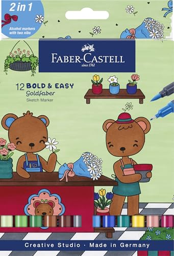 Faber-Castell 164815 - Goldfaber Sketch Marker, 12 marqueurs à alcool avec pointe pinceau et pointe fine