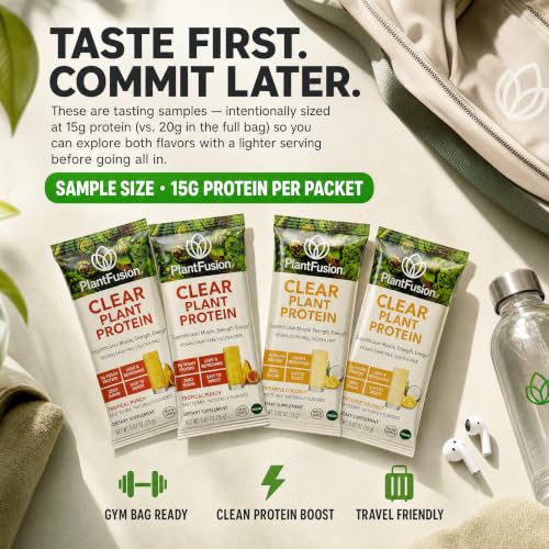 Image of PlantFusion Clear Protein Powder Sample Pack - Vegan Pea Protein Peptides Drink Mix to-Go - 12g Protein, Low Calorie, Zero Sugar, Gluten Free (4 Packets - 2 Tropical Punch + 2 Pineapple Coconut)