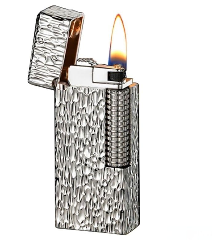 Meteorite Texture Side-Slide Kerosene Lighter Windproof Soft Flame Vintage Reusable Petrol Lighter for Daily Carry (Sliver)