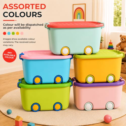 Image of STAR WORK Multipurpose Durable Storage Box Colorful Car-shaped Children's Toy Storage Container with Wheels and Handle (Pack Of 2, 45 Liter) color may very
