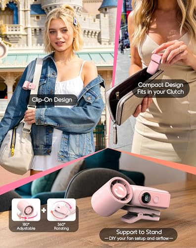Image of Portable Clip-On Mini Fan, Hands-Free, Turbo Personal Handheld Fans Rechargeable w / 4 Wind & LED Display, Pocket Size Summer Cooling Essentials for Travel /Eye Lash /Beach /Concert, Gifts for Women(Pink)