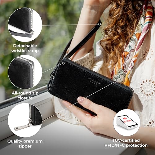 Image of BERLINER BAGS Genuine Leather Zip Wallet Women Lyon, Gift Box - Black | Soft Leather Zip Around Wallet, Fits up to Phone 6.9 inch, 15 Card Slots, 1 ID Window, 3 Bill Slots, 1 Coin Pocket, RFID Blocking