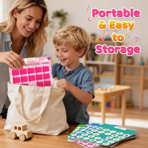 Image of Matching Memory Game for Kids Ages 3 4 5 6 Year Old, Travel Toy for Boys Girls, Wooden Board Game, Road Trip Essentials for Toddler, Airplane Car Camping Activity, Ideal Christmas Birthday Gifts, Pink