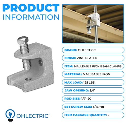 Image of OHLECTRIC 2 Pack - Malleable Iron Rod Support Beam Clamp - Zinc Plated for Corrosion Resistance - 3 /4 inch Jaw Opening - Supports 5 /16 inch-18 Set Screws & 1 /4 inch-20 Rods - Rated for Up to 125 lbs Load Capacity