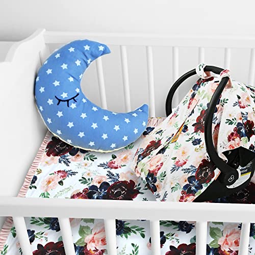 Image of Dear Baby Gear - Reversible Baby Blankets - Soft Nursery Blanket for Newborn - Toddler Blankey - Throw Blanket for Boys & Girls - Infant Blankets - 43x33 (Burgundy and Navy Floral with Blush Ruffles)