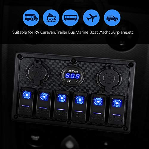 Kohree 6 Gang Marine Boat Rocker Switch Panel, 12V Waterproof Rv Led Switch Panel For Car Truck Marine Boat, Digital Voltmeter Display Qc3.0 Dual Usb Charger Port Dc 12 Volt Socket 12/24V Blue Lighted #TOP7