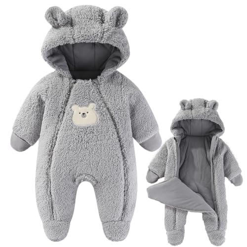 Image of Fairy Baby Newborn Baby Winter Snowsuit Bear Thick Romper Footie Double Zip Hooded Jumpsuit Fleece Coat Infant Boy Girl 0-12M