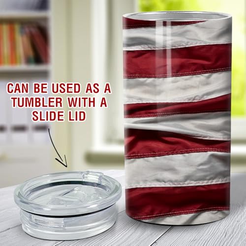 Image of SANDJEST Eagle Tumbler American Flag 4 in 1 12oz Can Cooler Coozie Skinny Stainless Steel Tumbler Gift for Men Dad Father Travel Veteran Day 4th of July