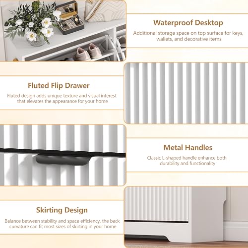 Image of Shoe Cabinet Storage for Entryway with 4 Flip Drawers, White Fluted Shoe Cabinet with Adjustable Shelves, Wooden Hidden Shoes Rack Freestanding Narrow Slim Shoes Storage for Hallway, Entrance