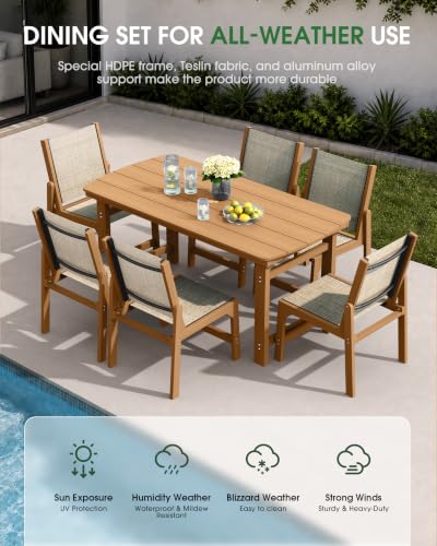 Image of HDPE Outdoor Patio Dining Set with Table & 6 Stackable Armless Textilene Chairs, All-Weather 7-Piece Dining Table Set with Umbrella Hole, Patio Furniture for Garden, Poolside, Backyard, Deck | Teak