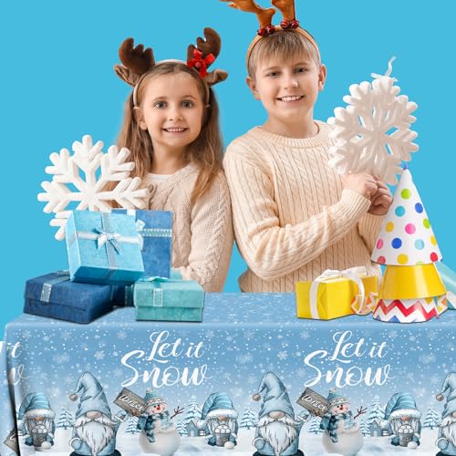 Image of 3Pcs Gnome Tablecloth, Christmas Snowflake Rectangle Winter Wonderland Table Cover for Holiday Party Supplies, 108180cm