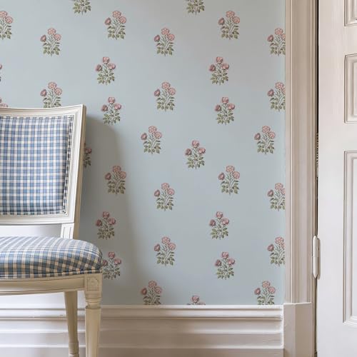 LUKUUI 17.3"× 590.5" Vintage Blue Floral Wallpaper Peel and Stick Boho Wallpaper Removable Waterproof Rose Pattern Contact Paper for Bedroom, Bathroom, Home Wall