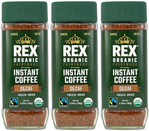 Rex Coffee Organic Fairtrade Natural Decaf Freeze-Dried Instant Coffee – Naturally Decaffeinated Arabica, 3.53 oz Glass Jar (Pack of 3) – Lab Tested for Mold, Mycotoxins, Heavy Metals, & Acrylamide