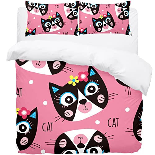 Parure de lit simple motif chat avec housse de couette imprimée et 2 taies