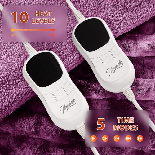 Image of Homemate Electric Heated Blanket Queen Size - 84 inchx90 inch Heating Blanket Queen Size Dual Control 1 /2 /4 /6 /8 Hours Auto-Off 10 Heat Level Over-Heat Protection Luxury Faux Fur Sherpa ETL Certification