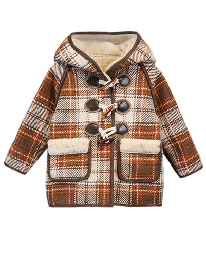 Cromoncent Kids Boy's Plaid Duffle Coat Sherpa Fleece Lined Wool Blend Outerwear with Hood