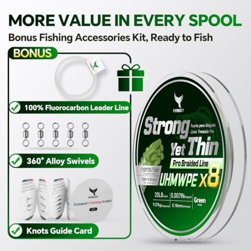 Image of Pro Power 20 LB 8 Strand Braided Fishing Line, Super Thin Dia 0.18mm | Hi-vis 8x Slick PE Wire & Leader Line Combo, Easy to Tie with Knot Guide Card for beginners, Ready to Fish and Cost Effective