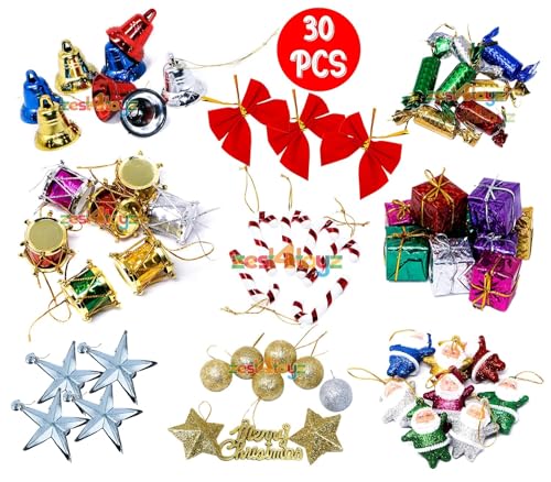 Zest 4 Toyz 30 PCS Christmas Tree Decorations Items with Bells Candy Sticks Drums Stars Gift Boxes and Santa Ornaments Props Festive Xmas Tree Decorations for Home - Image 4