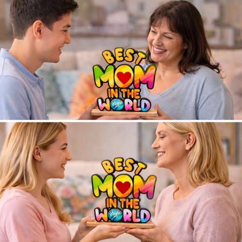 Image of Best Mom in The World Acrylic Table Frame Multicolor Printed Decorative Showpiece Wooden Base Gift for Mother Mom Birthday Gift Home Decor 6.5x6 Inch