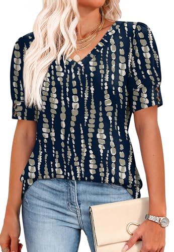 Image of OFEEFAN Womens Tops Short Sleeve Shirts Buttons V Neck Spring Fashion Summer Outfits Plus Size Blouses Dressy Casual