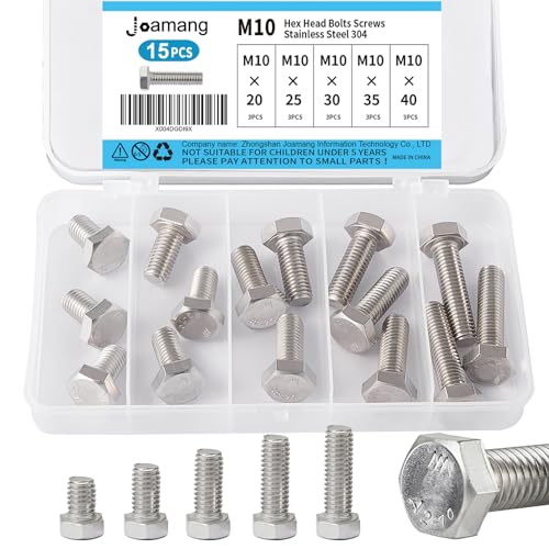 Image of M10 x 20mm 25mm 30mm 35mm 40mm Hex Bolts, Hexagon Head Screws, 304 Stainless Steel(A2-70), Metric Fully Thread, Bright Finish, Assortment Kit 15PCS